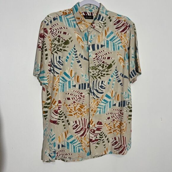 Tasso Elba Mens Button Up Leaf Shirt Tan Multicolor Short Sleeve Silk Blend - Picture 3 of 8
